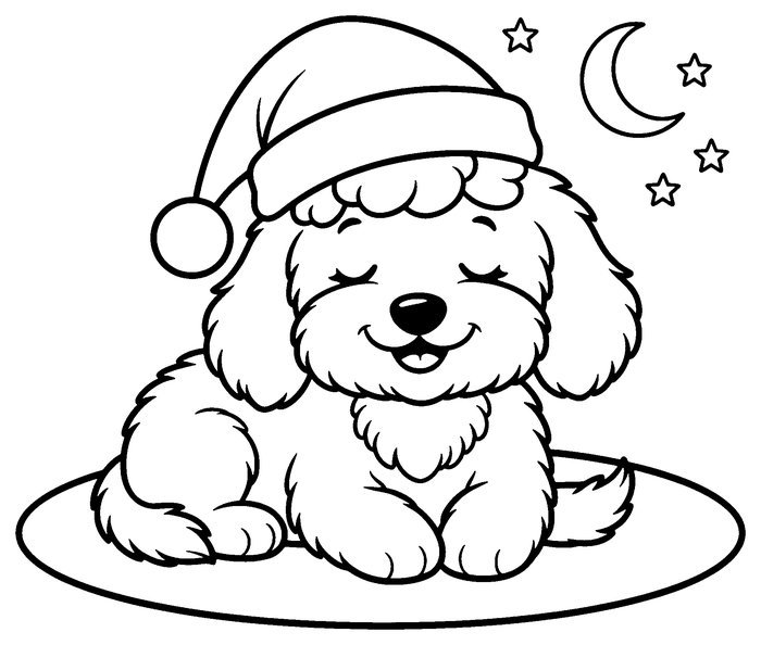 Penny asleep on Christmas Eve, a coloring page