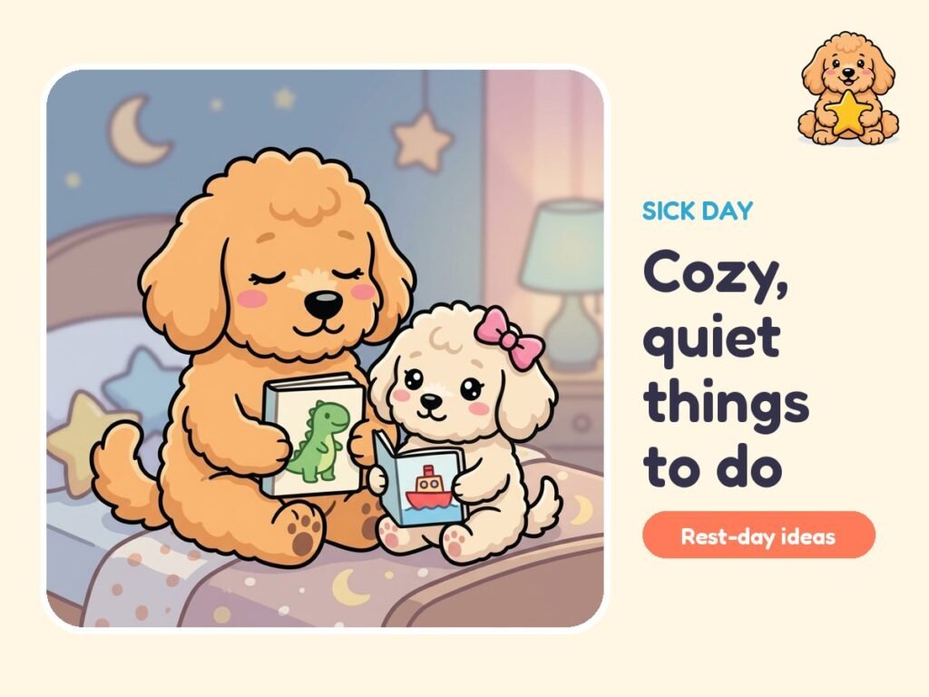 Penny the goldendoodle reading picture books in bed with her little sister